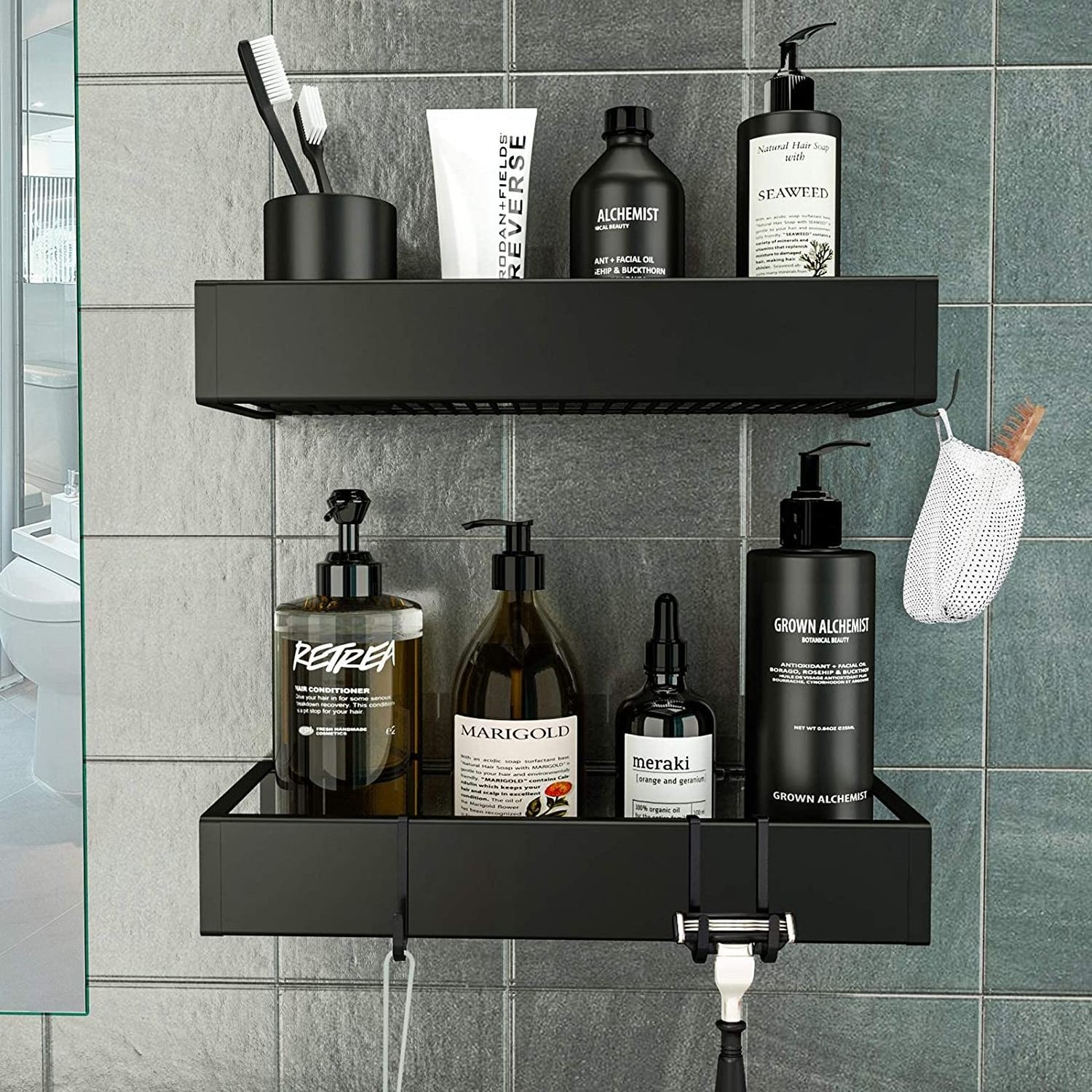 Shower caddy shelf basket for shampoo wall mounted stainless steel, adhesive shower shelf storage organizer, kitchen spice rack