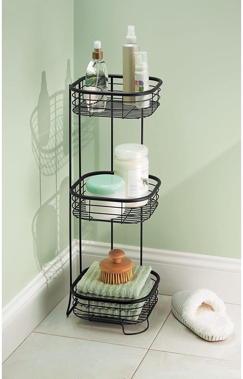 Square metal bathroom shelving unit - free standing vertical storage 3 shelves