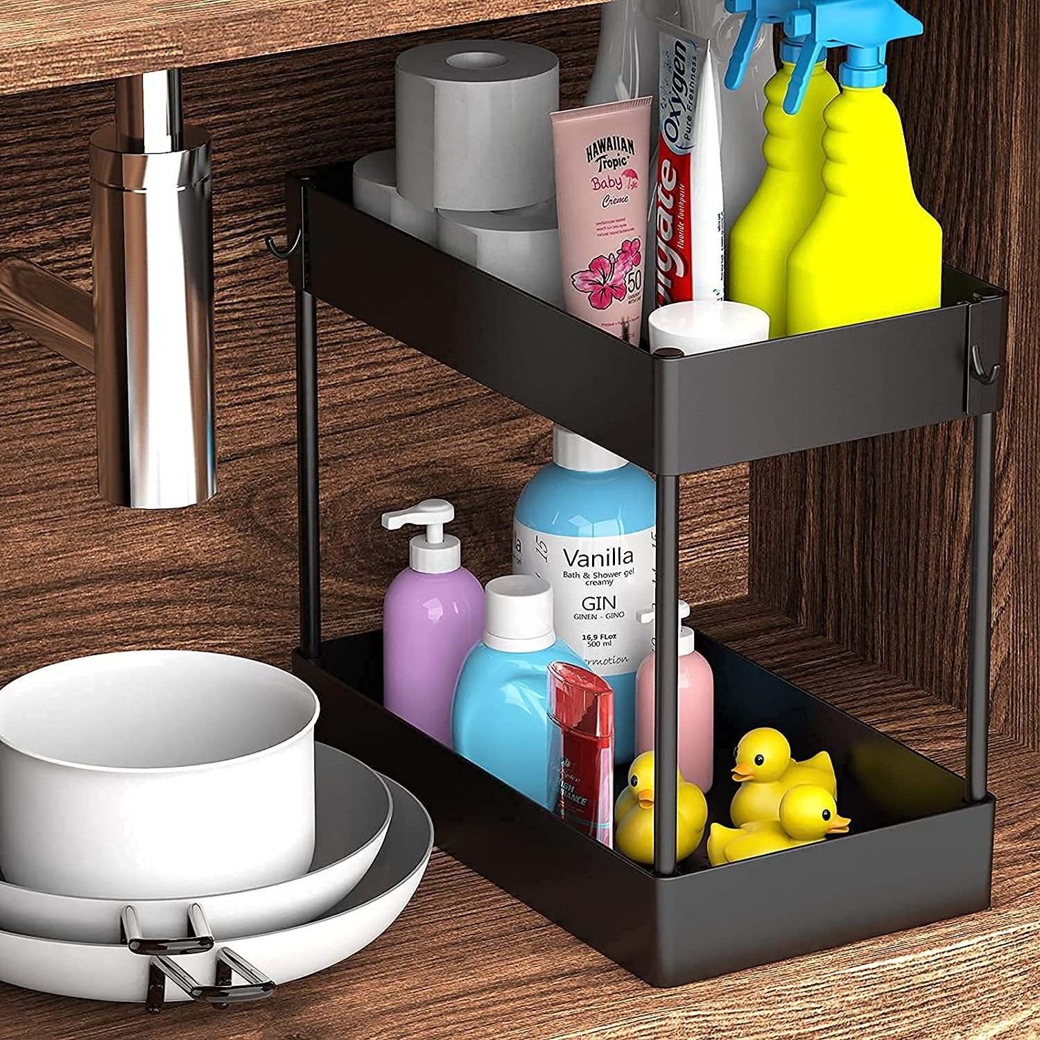 Under Bathroom Sink Storage 2 Tier Organizer Bath Collection Baskets with Hooks, Black Under Sink Shelf Organizer Rack