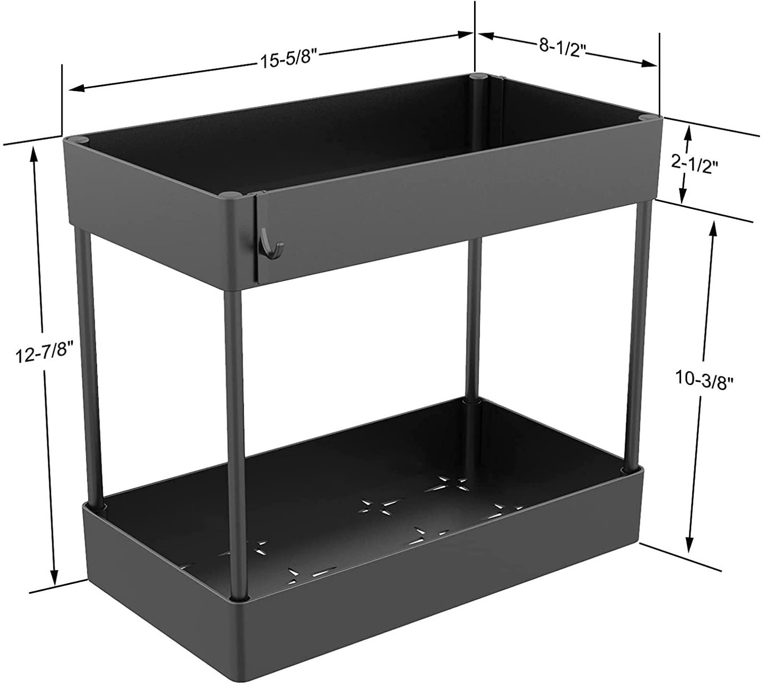 Under Bathroom Sink Storage 2 Tier Organizer Bath Collection Baskets with Hooks, Black Under Sink Shelf Organizer Rack