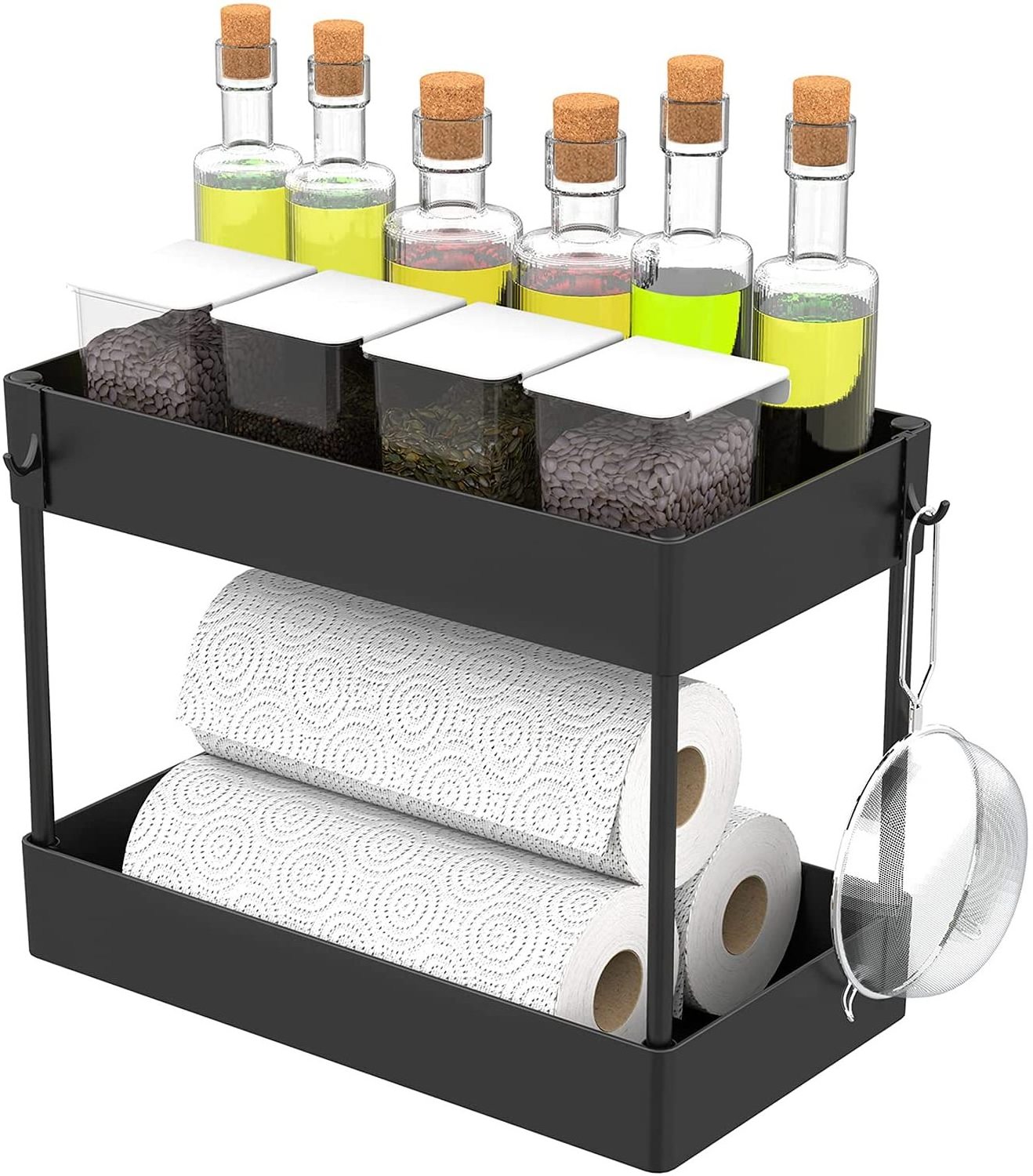 Under Bathroom Sink Storage 2 Tier Organizer Bath Collection Baskets with Hooks, Black Under Sink Shelf Organizer Rack