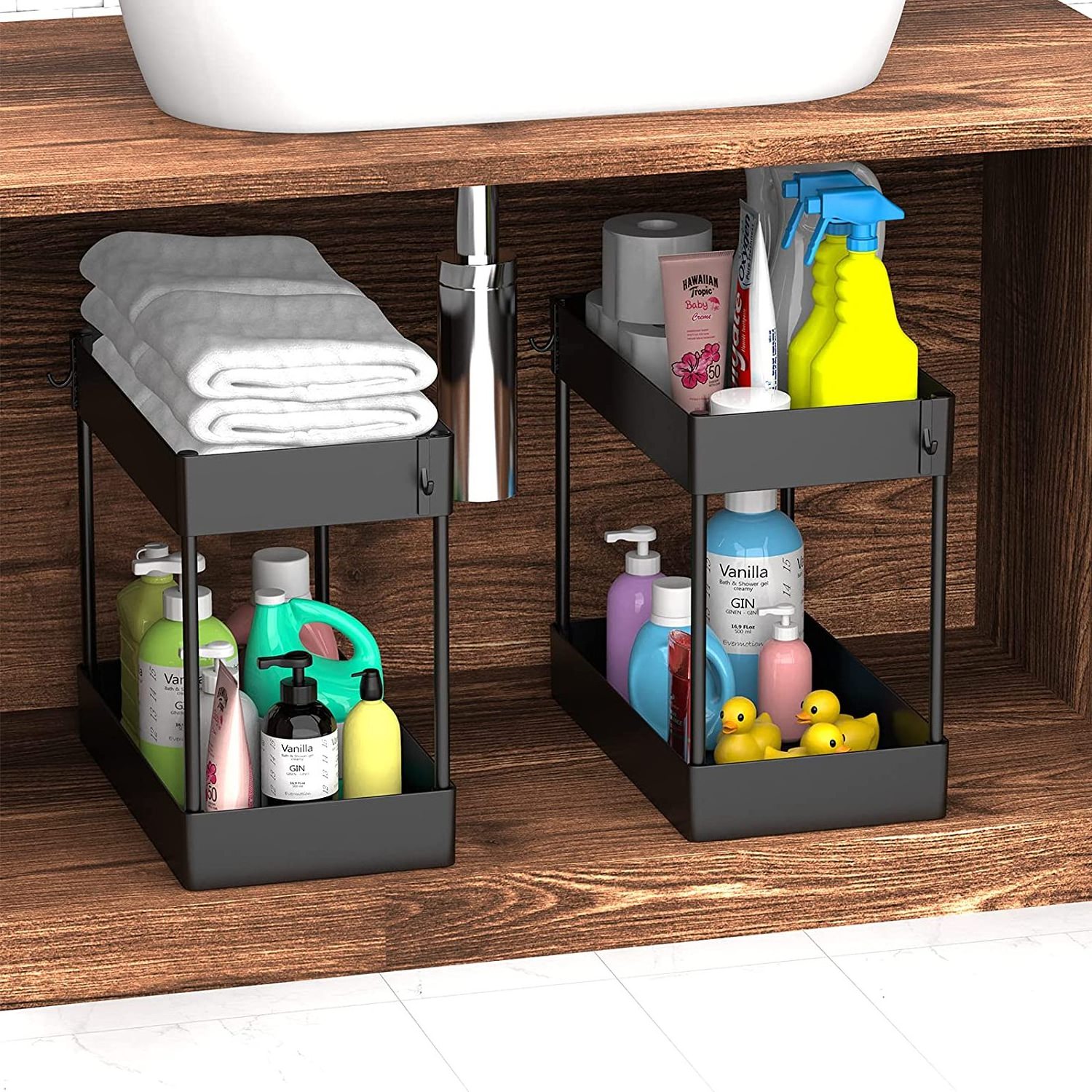 Under Bathroom Sink Storage 2 Tier Organizer Bath Collection Baskets with Hooks, Black Under Sink Shelf Organizer Rack