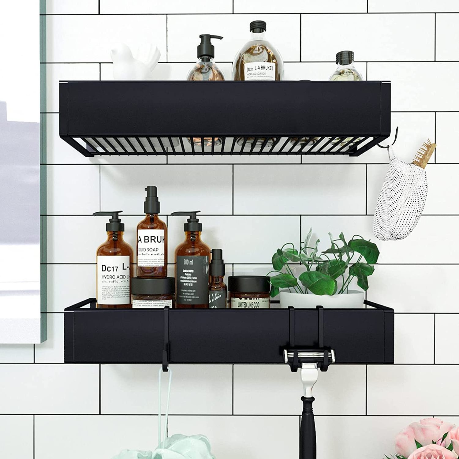 Shower caddy shelf basket for shampoo wall mounted stainless steel, adhesive shower shelf storage organizer, kitchen spice rack