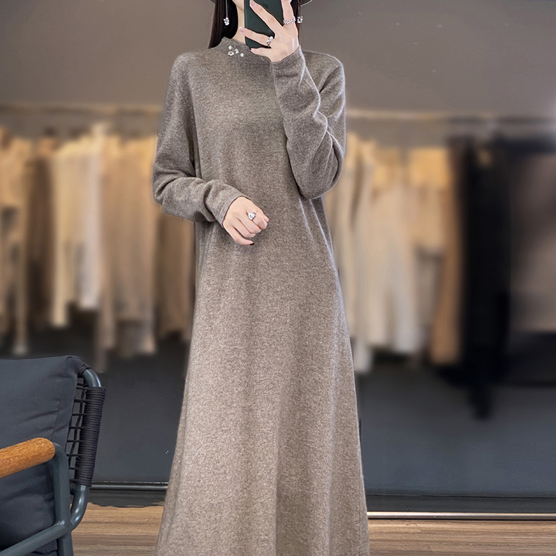 Chinese style handmade crochet collar cheongsam dress pure cashmere autumn and winter long over the knee sweater dress