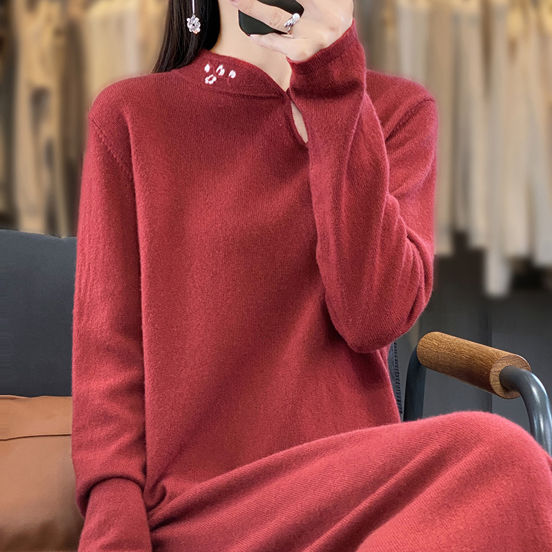 Chinese style handmade crochet collar cheongsam dress pure cashmere autumn and winter long over the knee sweater dress