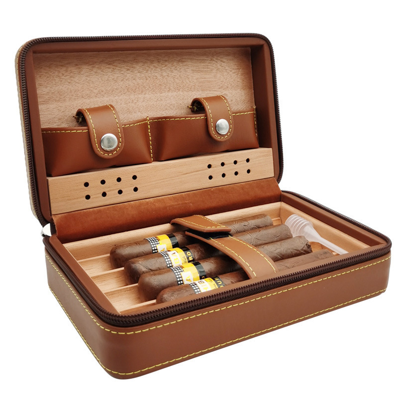 Luxury Leather Case Cedar Wood Portable Box Cigar Travel Humidor With Humidifier