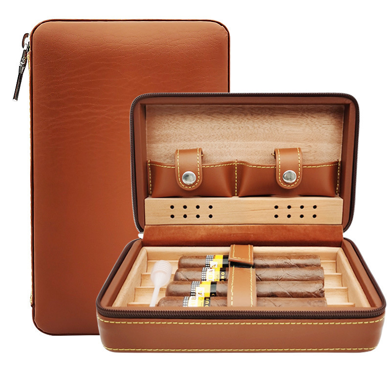 Luxury Leather Case Cedar Wood Portable Box Cigar Travel Humidor With Humidifier