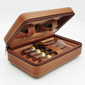 Luxury Leather Case Cedar Wood Portable Box Cigar Travel Humidor With Humidifier