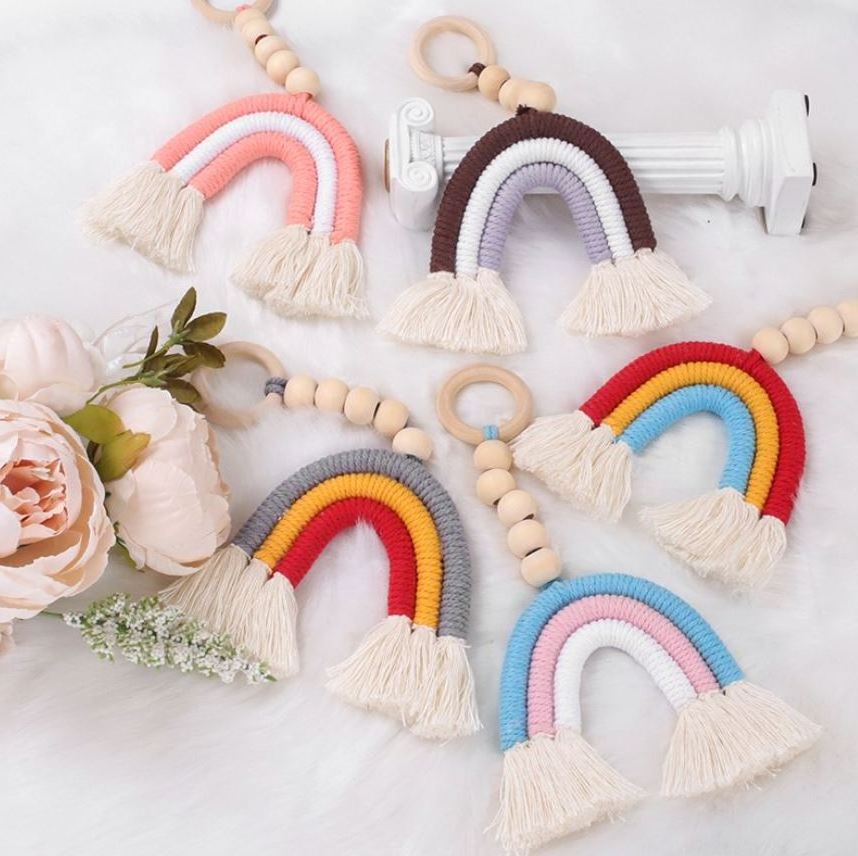 New 2pcs Ring Macrame wooden bead string Wall hanging Home decoration Kids room rainbow garland ornaments Baby room decoration