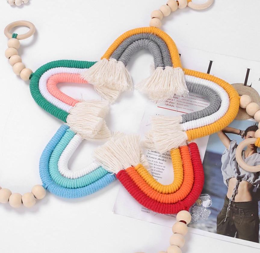 New 2pcs Ring Macrame wooden bead string Wall hanging Home decoration Kids room rainbow garland ornaments Baby room decoration