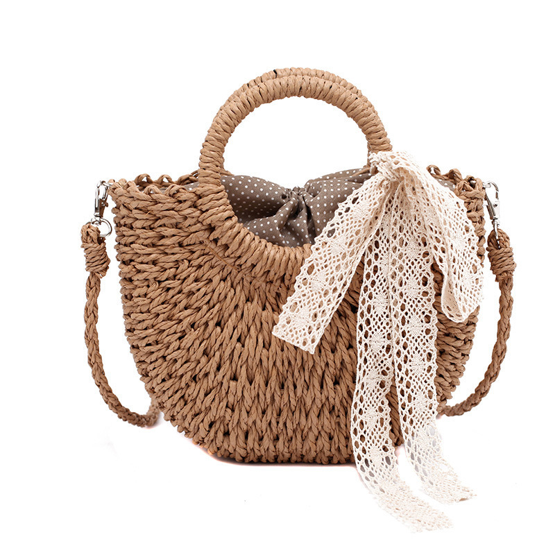 Straw Bag Women Fashion Moon Shape Lace Bow Rattan Bag Bali Woven Big Capacity Drawstring Casual Beach Shoulder Crossbody Bag