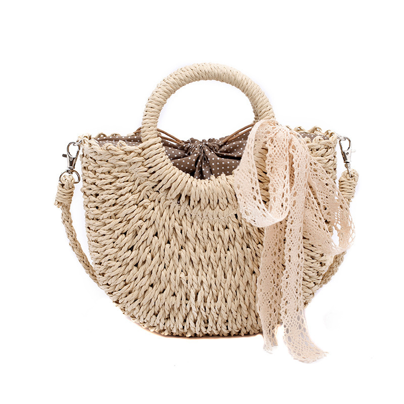 Straw Bag Women Fashion Moon Shape Lace Bow Rattan Bag Bali Woven Big Capacity Drawstring Casual Beach Shoulder Crossbody Bag