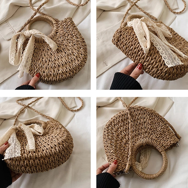 Straw Bag Women Fashion Moon Shape Lace Bow Rattan Bag Bali Woven Big Capacity Drawstring Casual Beach Shoulder Crossbody Bag