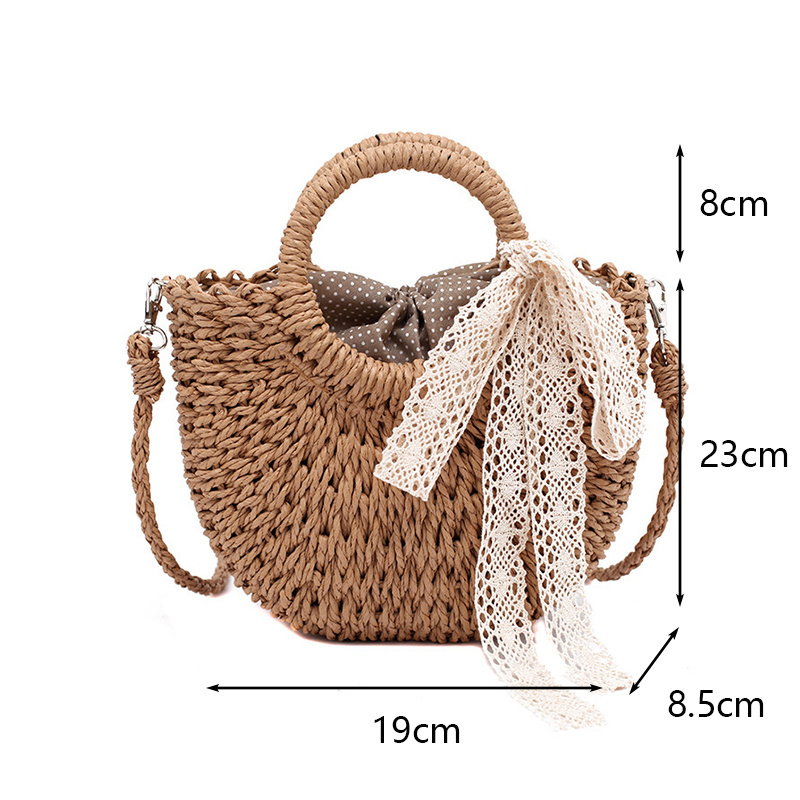 Straw Bag Women Fashion Moon Shape Lace Bow Rattan Bag Bali Woven Big Capacity Drawstring Casual Beach Shoulder Crossbody Bag