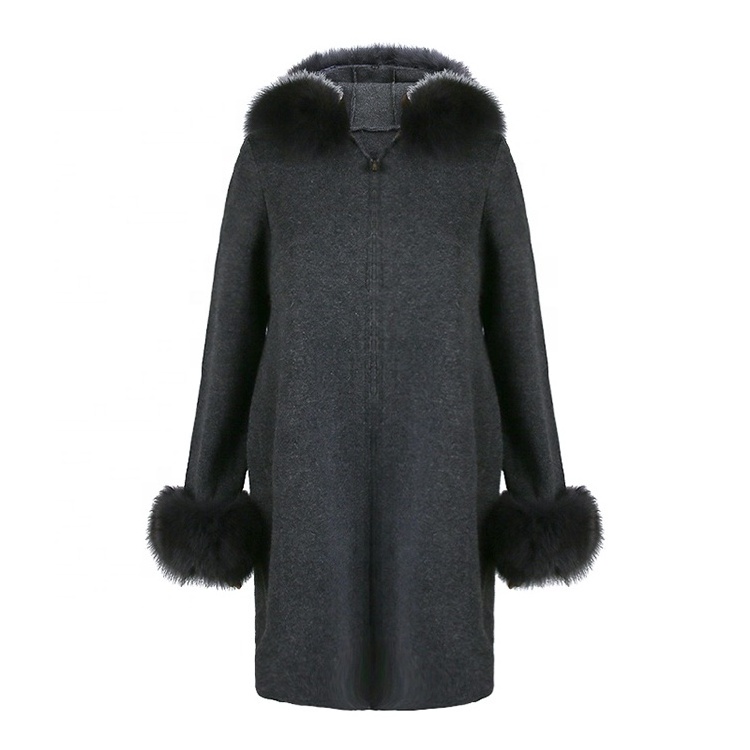 Winter women Ladies Hooded Fox Fur Collar Sleeve Fur Trim Angora Wool Poncho Long Coat Cloak With Fur