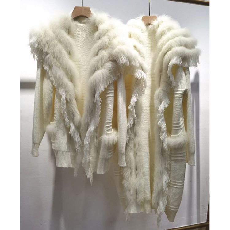 Women's clothing 2024 Custom short long Loose knitted tassels real fox fur designer sweater cardigan with fox fur fringes