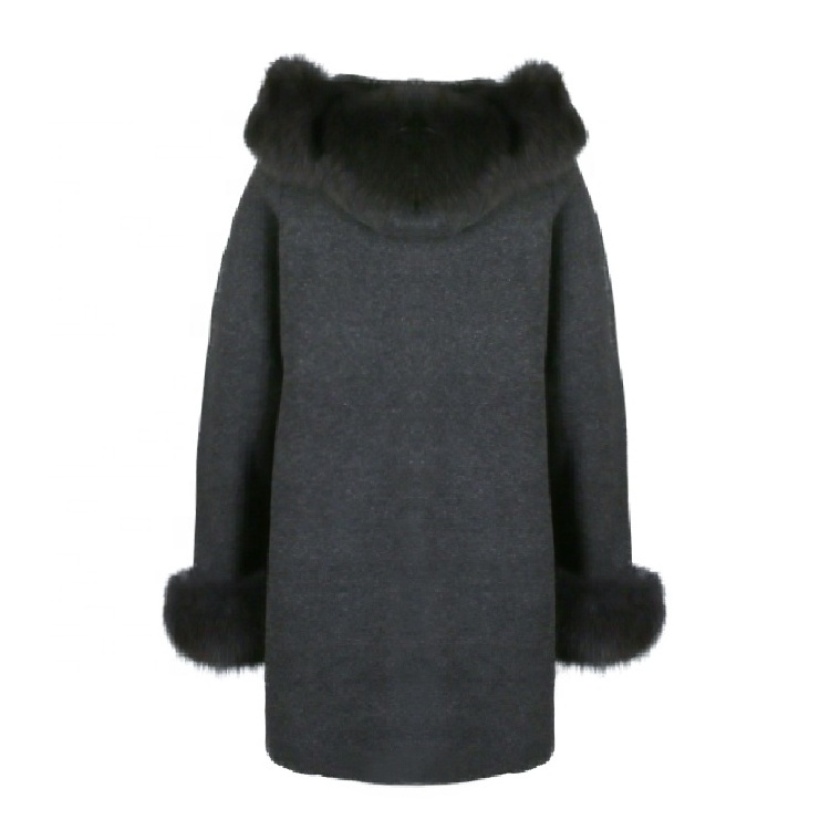 Winter women Ladies Hooded Fox Fur Collar Sleeve Fur Trim Angora Wool Poncho Long Coat Cloak With Fur