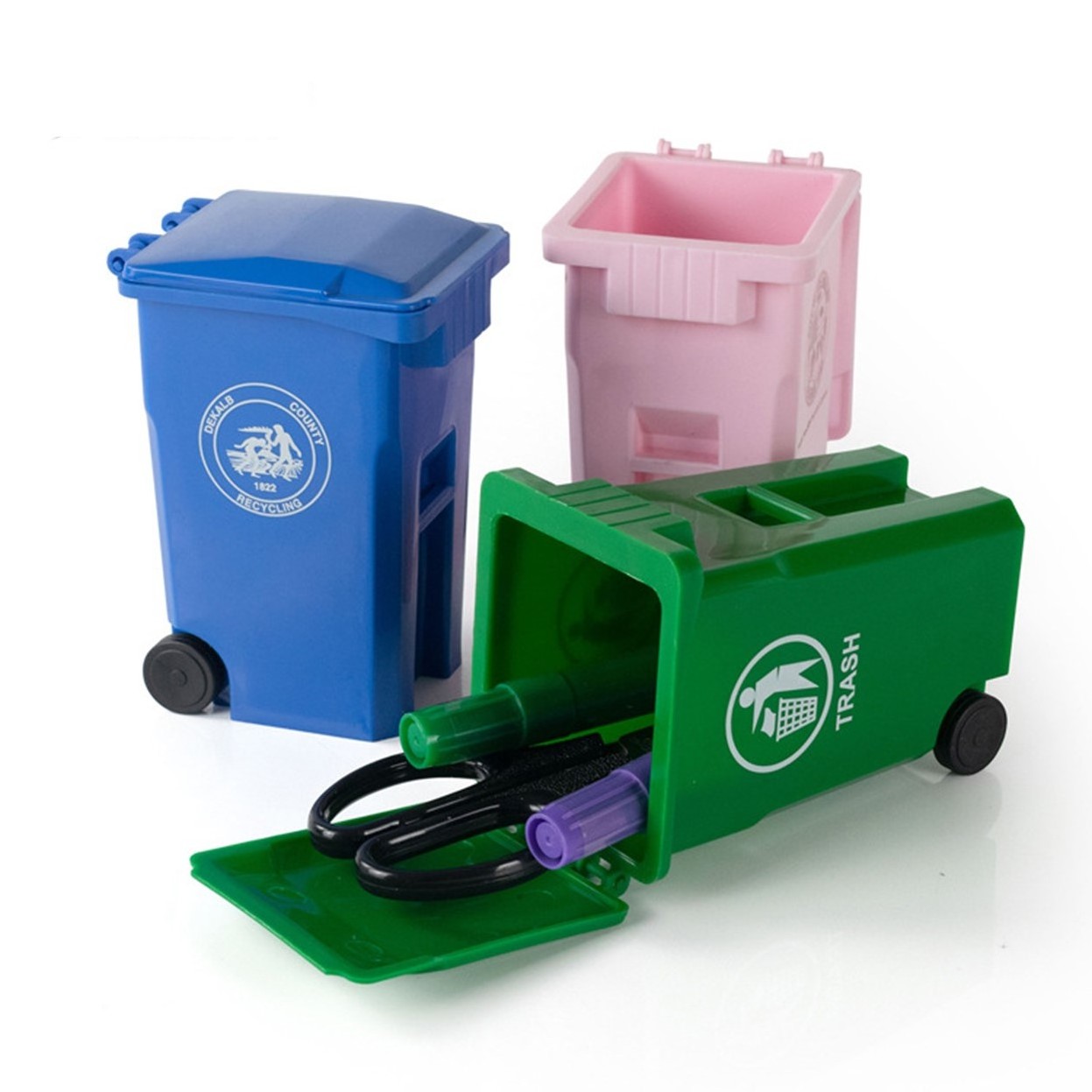 Custom Logo Mini Garbage Trash Bin Can Plastic Recycle Bin Pencil Pen Holder with Wheels