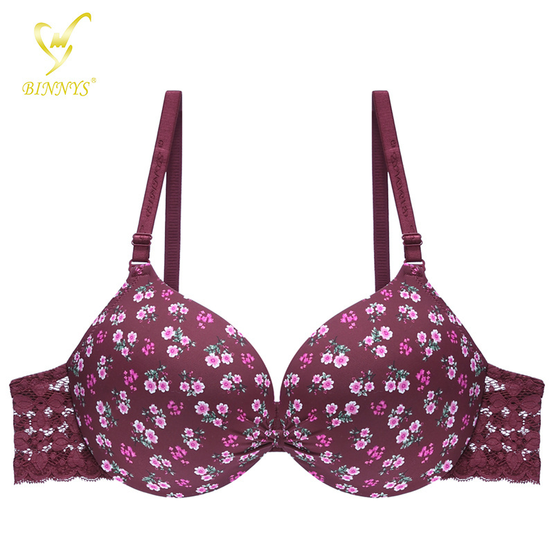 Binnys Underwire Print Lace Floral  Sujetador Soft Push Up Thickened  B 34 38 Size  Bra  Set Breathable Padded Bras For Women