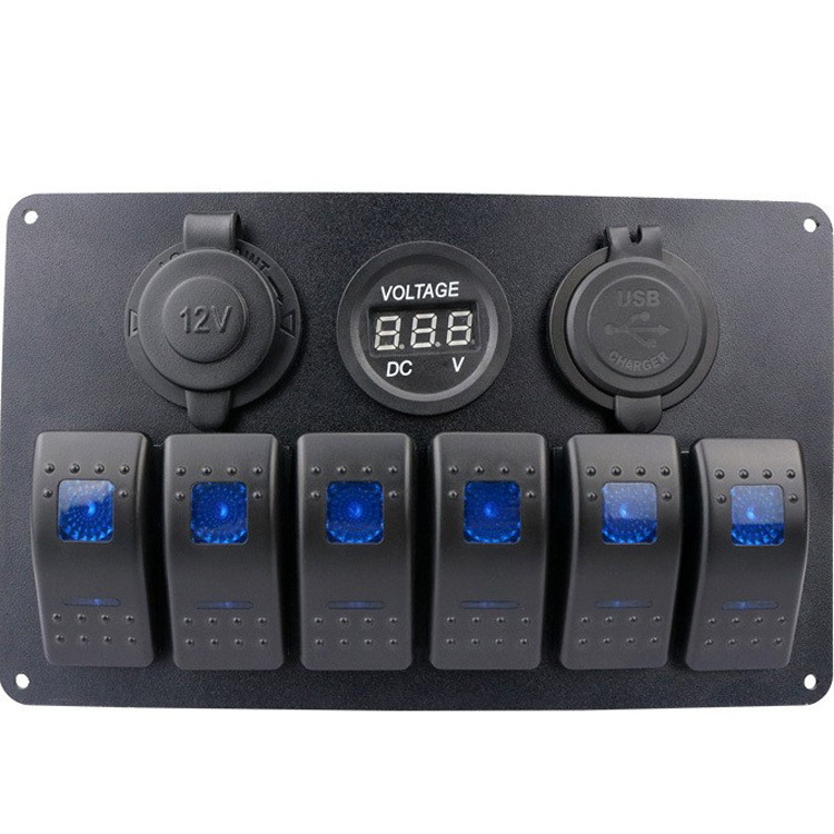 Car Boat Marine RV 6 Gang toggle rocker Switch led volt meter usb charger cigarette socket