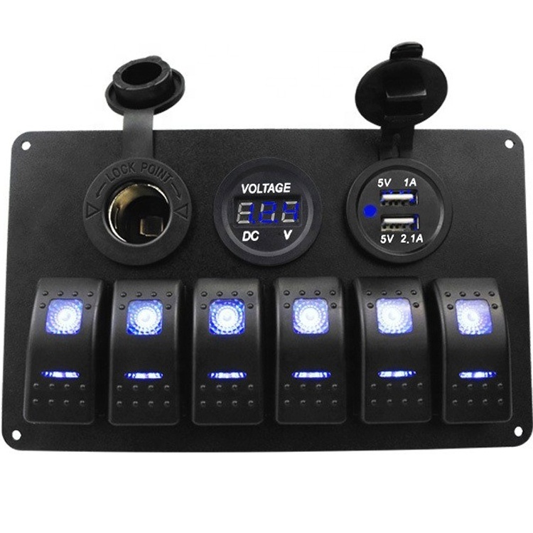 Car Boat Marine RV 6 Gang toggle rocker Switch led volt meter usb charger cigarette socket