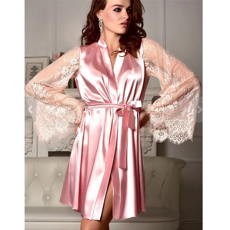 Allure Lace Sexy Sleepwear Pajamas Long Sleeve Satin Wrap Robe Sexy Lingerie For Women