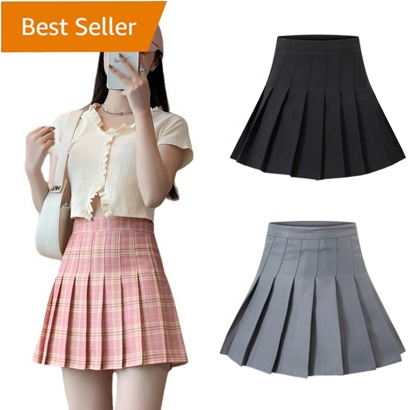 Summer Girls Women's High Waisted Mini School Uniform Plaid Skater A Line Tennis Pleated Skirt with Lining Shorts Side Zipper