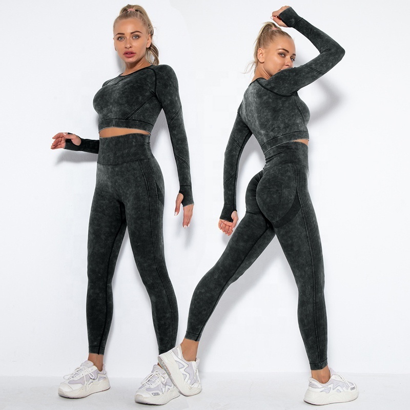 Dropshipping Women's Yoga Outfits 2 Piece Scrunch Butt Lifting High Waisted Leggings with Sports Gym Long Sleeve Clothes Sets