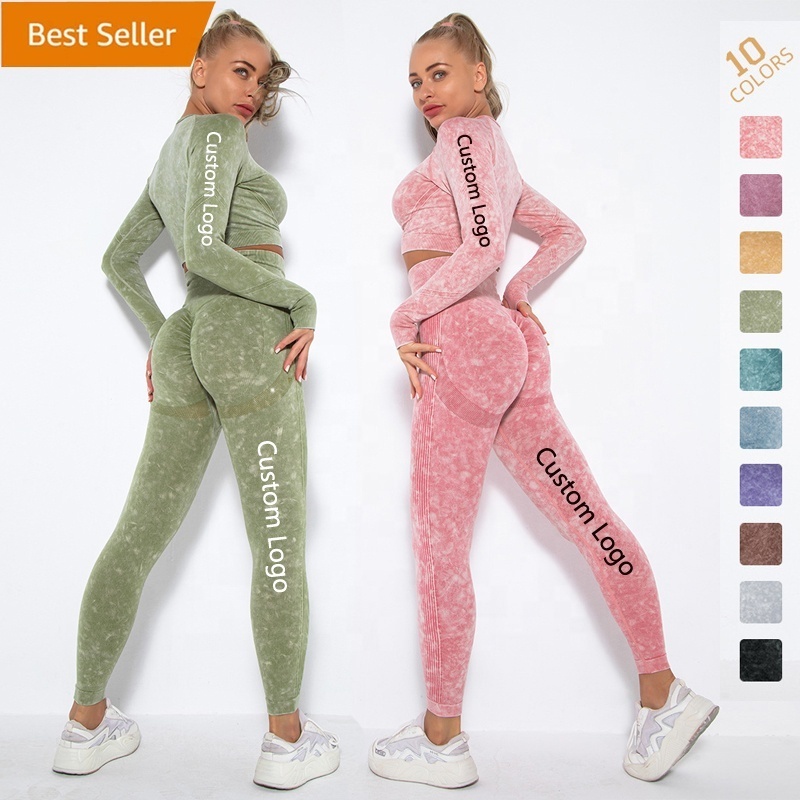 Dropshipping Women's Yoga Outfits 2 Piece Scrunch Butt Lifting High Waisted Leggings with Sports Gym Long Sleeve Clothes Sets