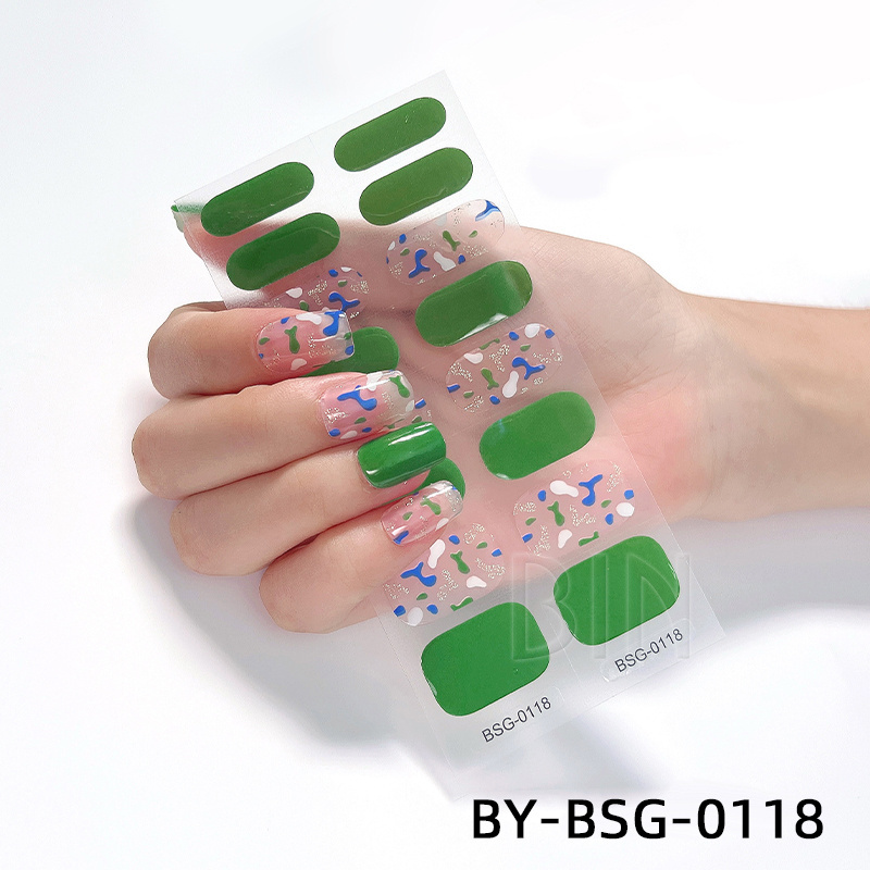 BIN Custom Logo solid Style gel Nail Stickers Gel Uv Semi Cured Design Gel Nail Polish 16 Strips Sticker Wraps