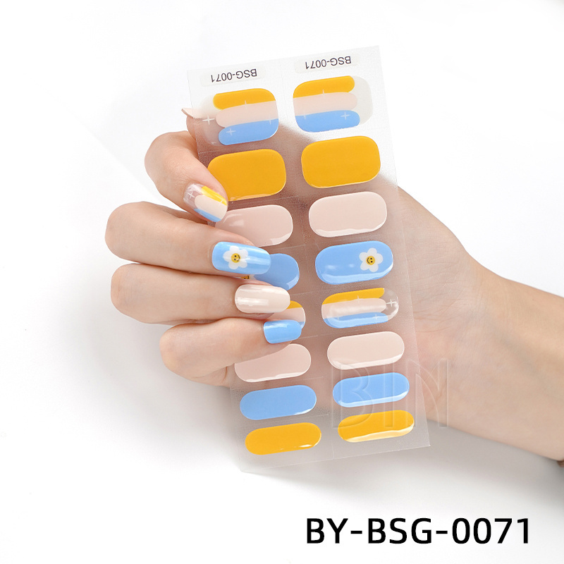 BIN Custom Logo solid Style gel Nail Stickers Gel Uv Semi Cured Design Gel Nail Polish 16 Strips Sticker Wraps