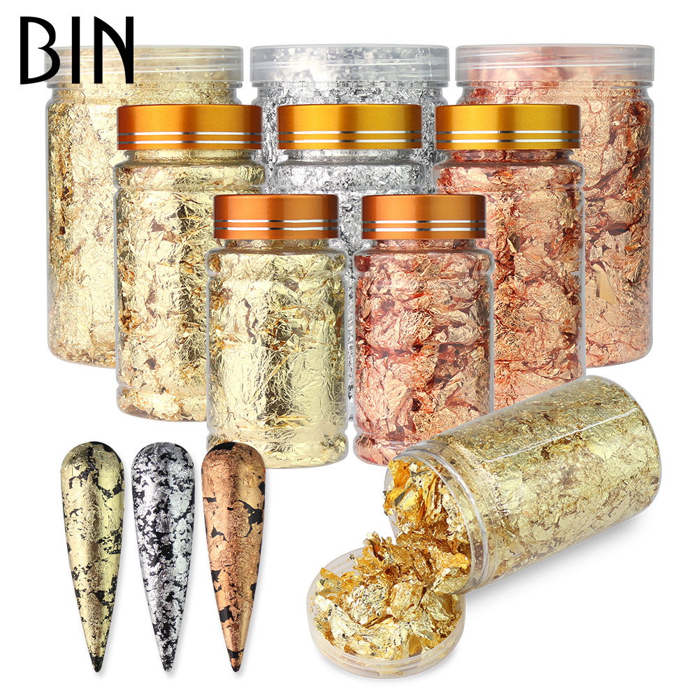 BIN DIY Metallic Craft Gold Foil Flakes Silver Rose Gold Paint Metal Gold Leaf 3g 5g 10g Jar Bottle Nail Art Decoration