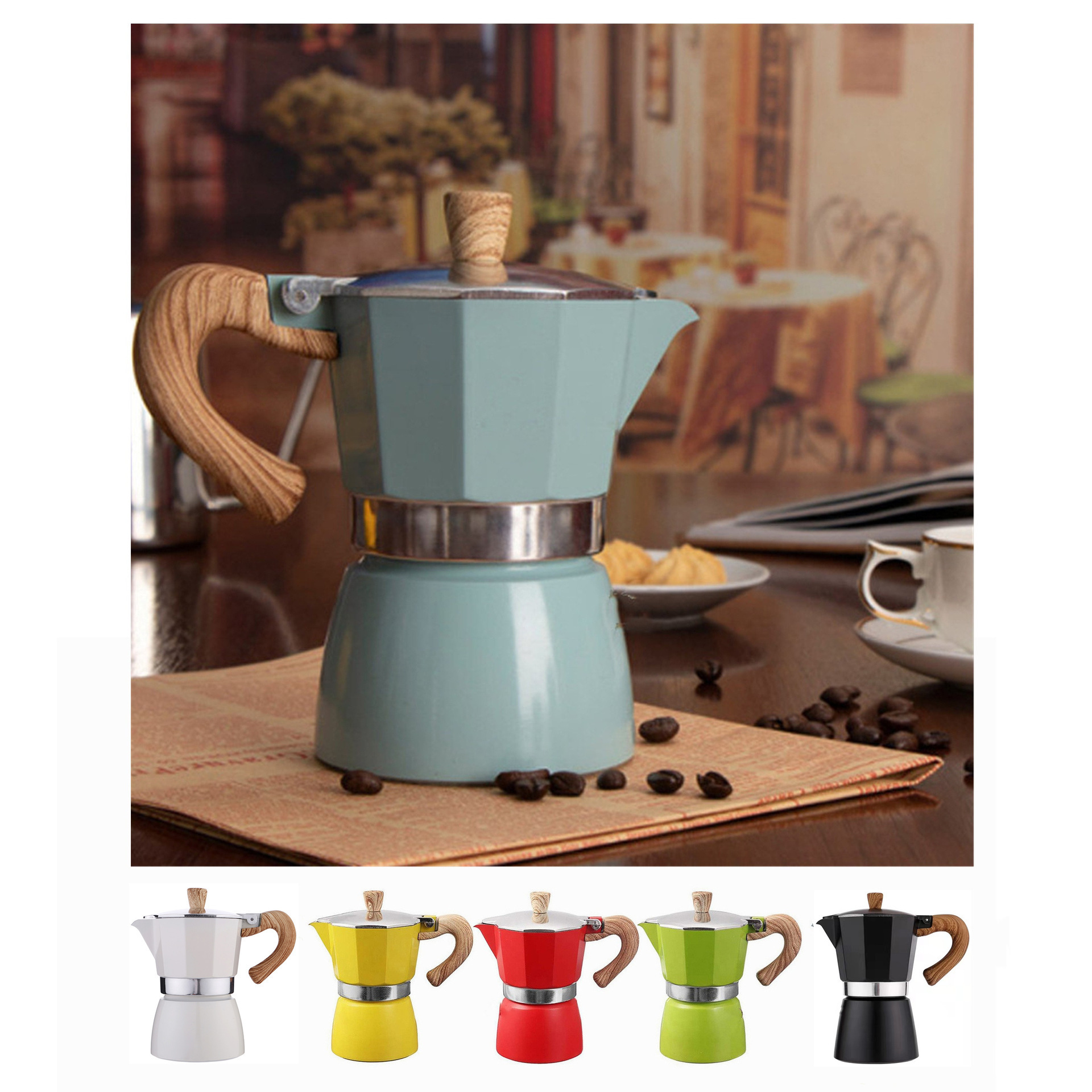 USA Hot Customized Logo Travel Portable Stovetop Hand MOKA POT 3/6 Cups Aluminum Coffee Maker Outdoor Travel Portable