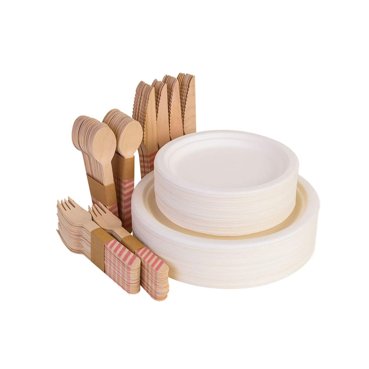 Biodegradable 25-people catering food serving Disposable wooden sugarcane bagasse plate and cutlery dinnerware/tableware