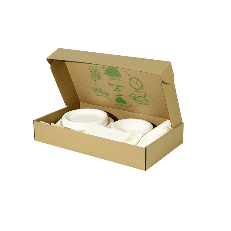 Biodegradable 25-people catering food serving Disposable wooden sugarcane bagasse plate and cutlery dinnerware/tableware