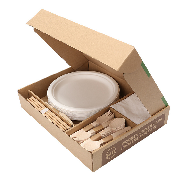 Biodegradable 25-people catering food serving Disposable wooden sugarcane bagasse plate and cutlery dinnerware/tableware