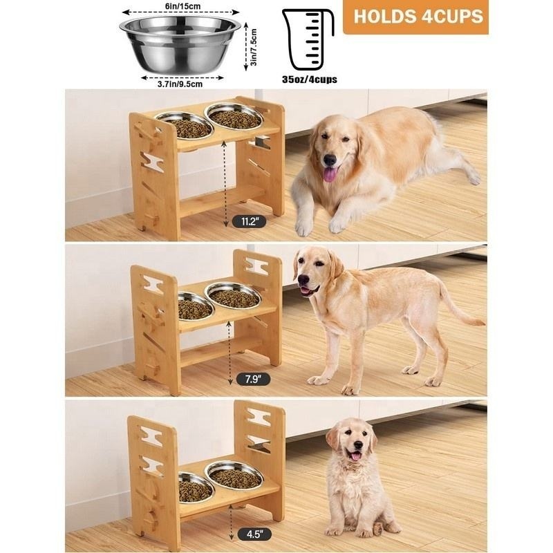 Adjustable Wooden Dog Bowl Rack Pet Bowl Stand  With Wooden Shelf