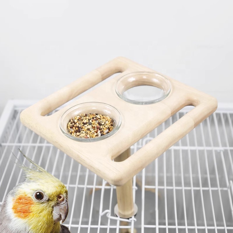 Bird Food Stainless Steel Cups Wooden Perch Stand Hanging Feeder Bowls Feeding and Watering for Parakeets Conures Budgie Parrot