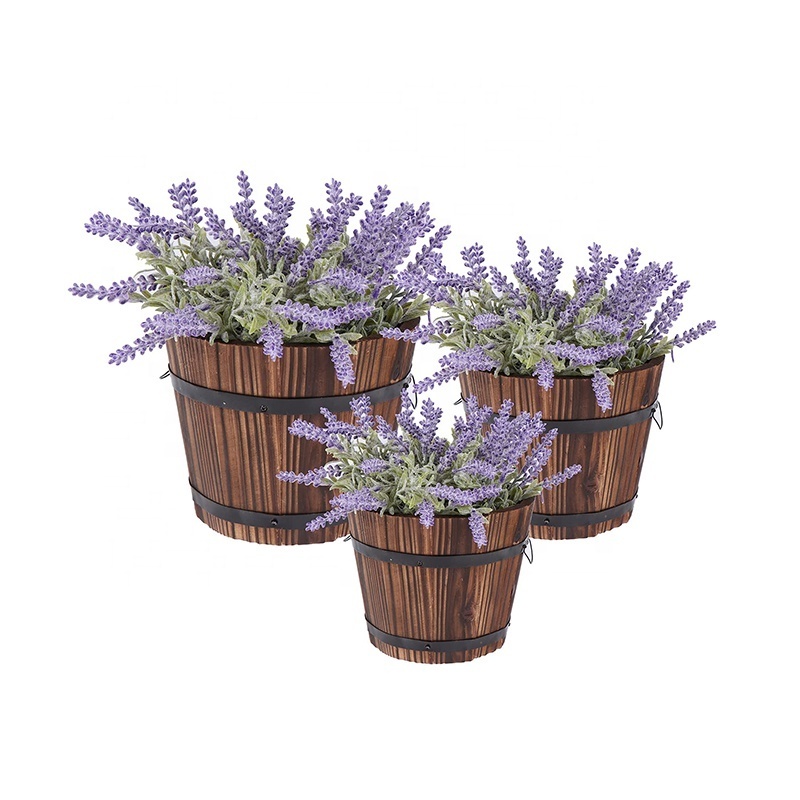 Rustic Wooden Barrels Planters Whiskey Barrels Bucket with Handle Flower Planter Plant Pots