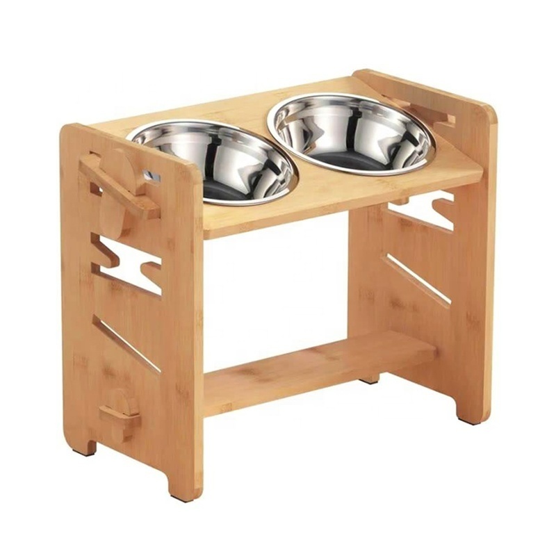 Adjustable Wooden Dog Bowl Rack Pet Bowl Stand  With Wooden Shelf