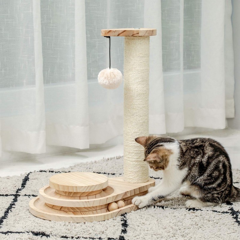 Cat Turntable with Interactive Balls Climbing Sisal Scratcher Cat Tree Toy Wooden Cat Scratching