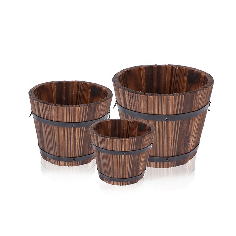 Rustic Wooden Barrels Planters Whiskey Barrels Bucket with Handle Flower Planter Plant Pots