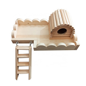 Custom Solild Wood Cage Accessories Mouse Gerbil Hamster Squirrel Gerbil Chinchilla Hut Hideout Wooden Platform with Ladders