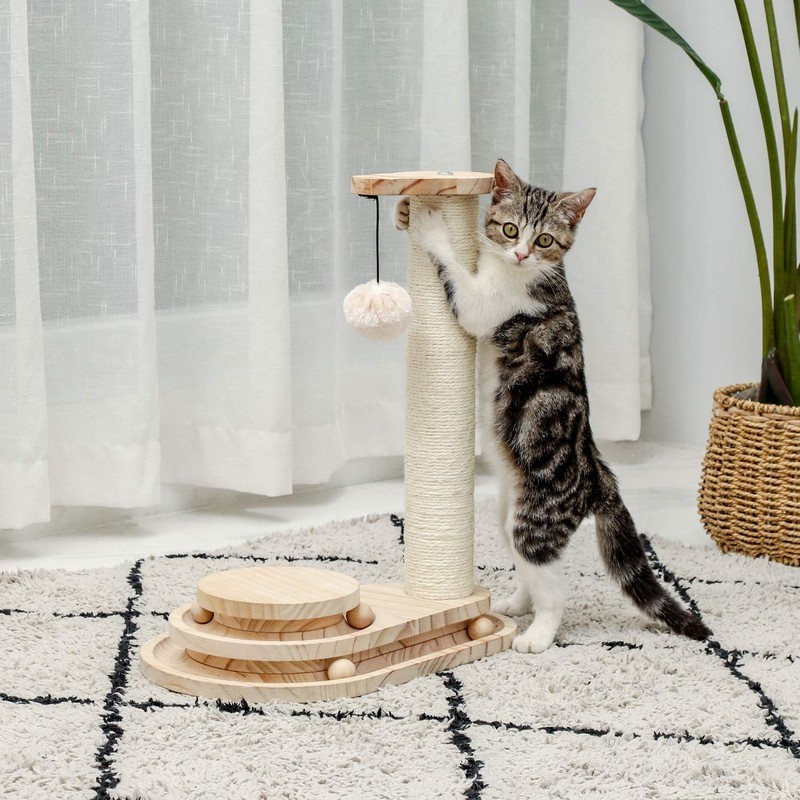 Cat Turntable with Interactive Balls Climbing Sisal Scratcher Cat Tree Toy Wooden Cat Scratching