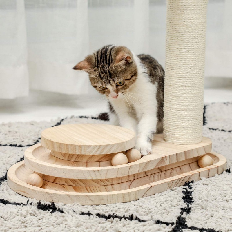 Cat Turntable with Interactive Balls Climbing Sisal Scratcher Cat Tree Toy Wooden Cat Scratching