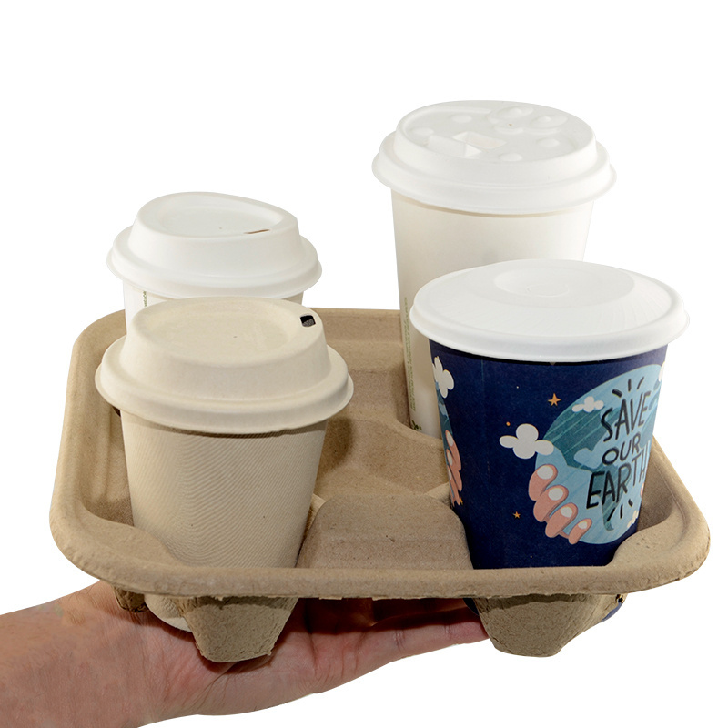 Takeaway 2 4 Cup Carrier Disposable Clip-On Utility Coffee Drink Cup Paper Pulp Fiber Holder Tray  For 8-32 oz