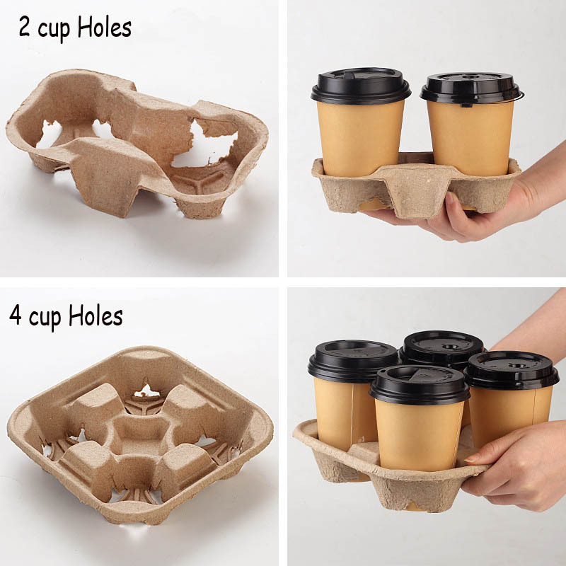 Takeaway 2 4 Cup Carrier Disposable Clip-On Utility Coffee Drink Cup Paper Pulp Fiber Holder Tray  For 8-32 oz