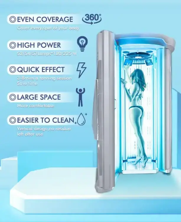 High Power Quick Tan Home Indoor Led Collagen Uva Uvb Blue Light Vertical Tanning Solarium Machine Stand Up Tanning Beds