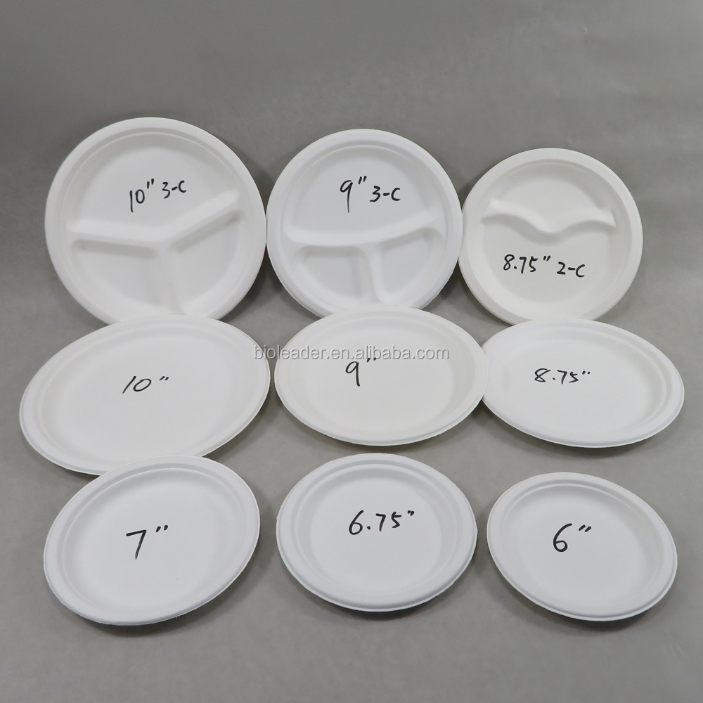 Eco-Friendly Biodegradable Compostable Round Plates Disposable Sugarcane Bagasse Paper Pulp Plates Trays for Parties Restaurants