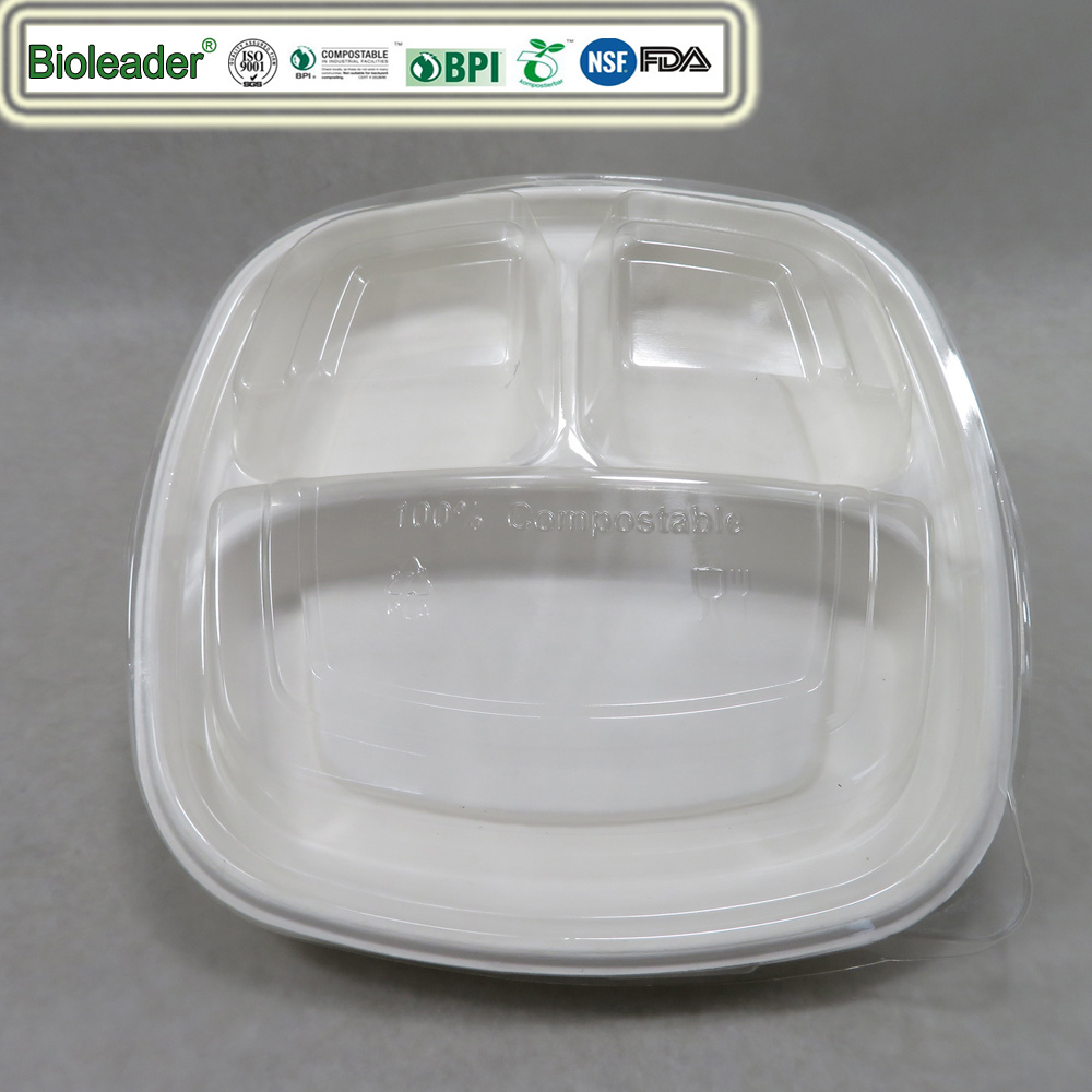 PFAS Free 3 Compartment Tray Biodegradable Disposable Take Out School Sugarcane Bagasse Pulp Tray Plates With PET Lid